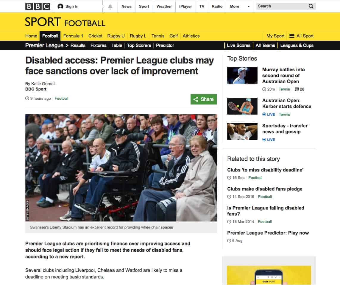 Disabled Access Premier League Clubs May Face Sanctions Over Lack